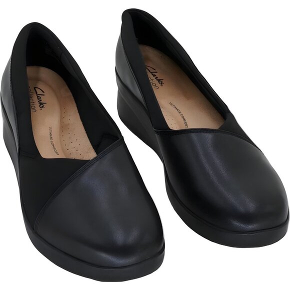 Clarks Suttyn Rae Wedge Slip-On Black Leather Comfort Shoes Women's US 11W - Picture 1 of 6